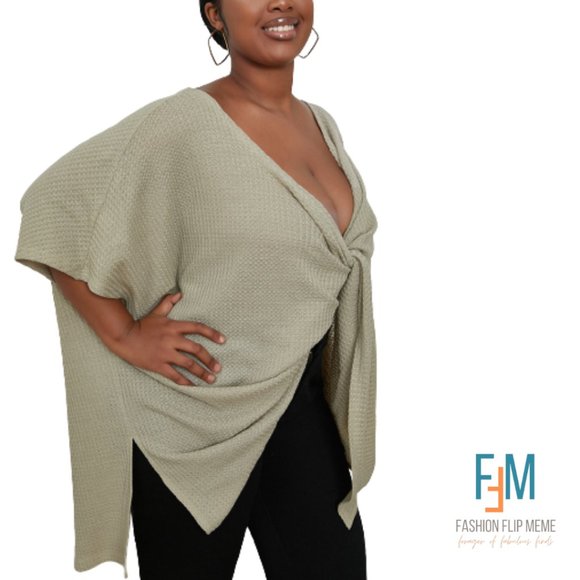 Oversized Twist-Front Short Sleeve Loose Fit Batwing High-Low Top, Plus Size - Picture 5 of 5